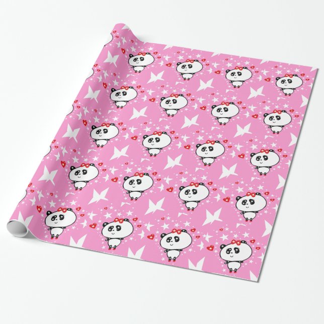 Cute Panda Bear Baby Girl Kawaii Art by LeahG Wrapping Paper (Unrolled)