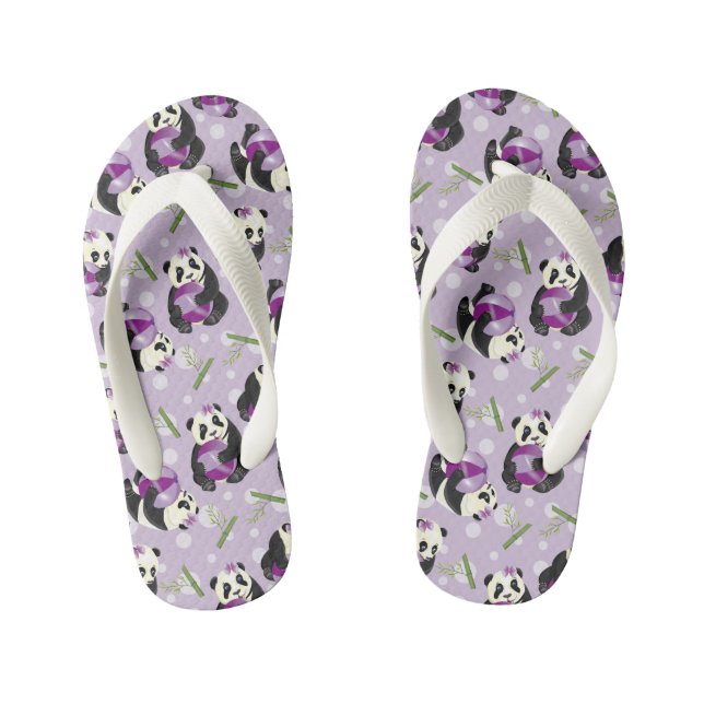 Cute Panda Bear Baby Girl Playing Ball Kid's Flip Flops (Footbed)