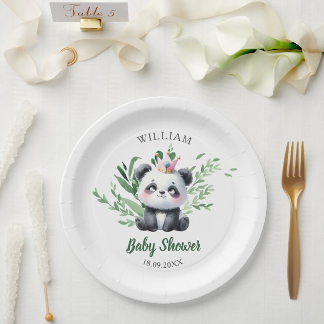 Cute Panda Bear Baby Shower Watercolor Greenery Paper Plate (Wedding)