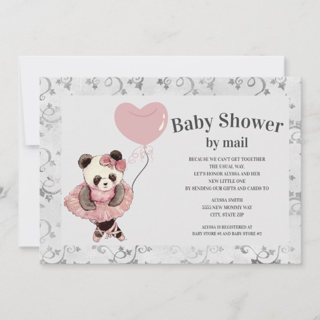 Cute Panda Bear Ballerina Baby Girl Shower BY MAIL Invitation (Front)