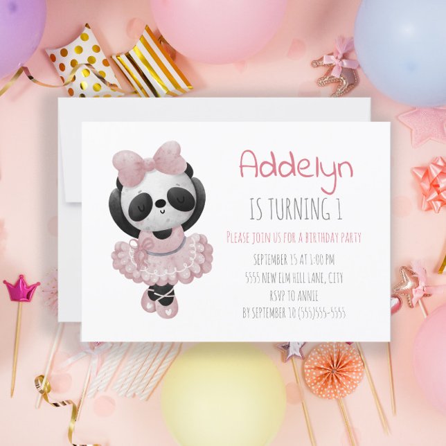 Cute Panda Bear Ballerina Pink 1st Birthday  Invitation (Creator Uploaded)