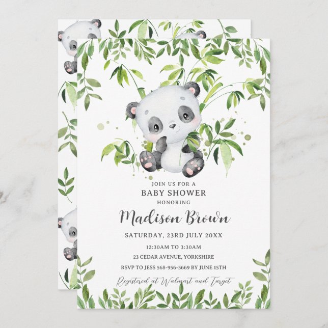 Cute Panda Bear Bamboo Greenery Baby Shower  Invitation (Front/Back)