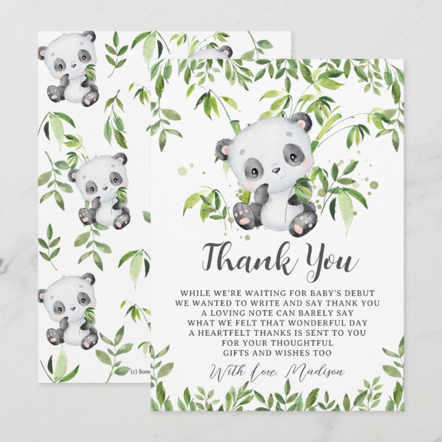 Cute Panda Bear Bamboo Greenery Baby Shower  Thank You Card (Front/Back)
