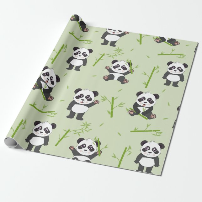 Cute Panda Bear Bamboo Kawaii Animals Pattern Wrapping Paper (Unrolled)