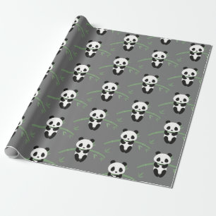 Cute Panda Bear Bamboo Pattern Gray Wrapping Paper