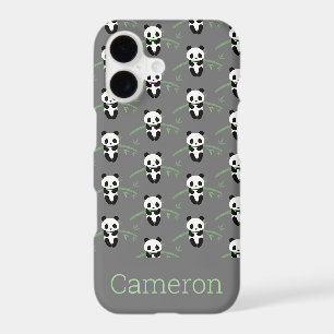 Cute Panda Bear Bamboo Pattern Grey Custom Name