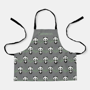 Cute Panda Bear Bamboo Pattern Grey Custom Name Apron