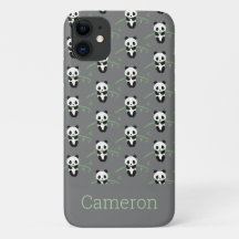 Cute Panda Bear Bamboo Pattern Grey Custom Name