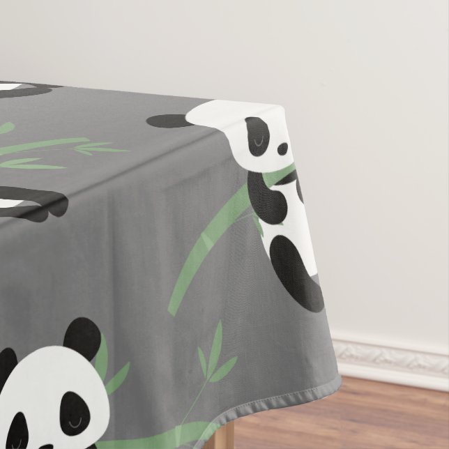 Cute Panda Bear Bamboo Pattern Grey Tablecloth (In Situ)