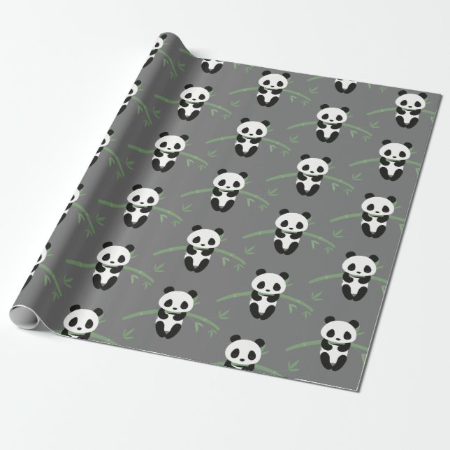 Cute Panda Bear Bamboo Pattern Grey Wrapping Paper (Unrolled)