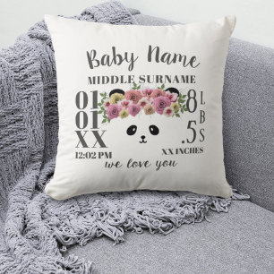 Cute Panda Bear Birth Stats Nursery Throw Pillow