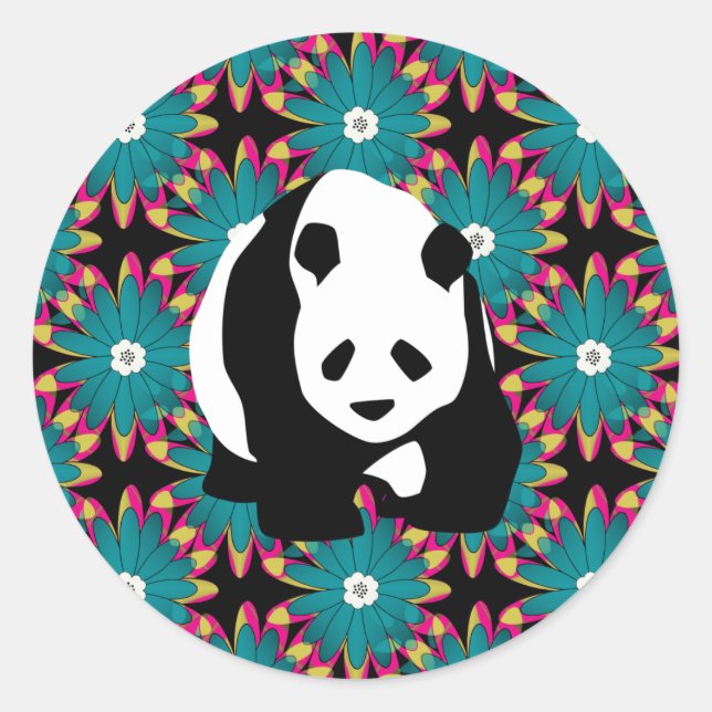 Cute Panda Bear Blue Pink Flowers Floral Pattern Classic Round Sticker (Front)