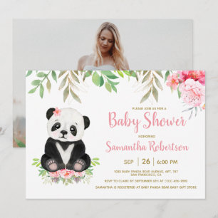 Cute Panda Bear Blush Pink Floral Baby Shower Invitation