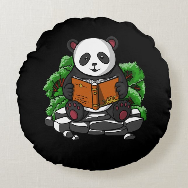 Cute Panda Bear Book Reading Lover Animal Round Cushion (Front)