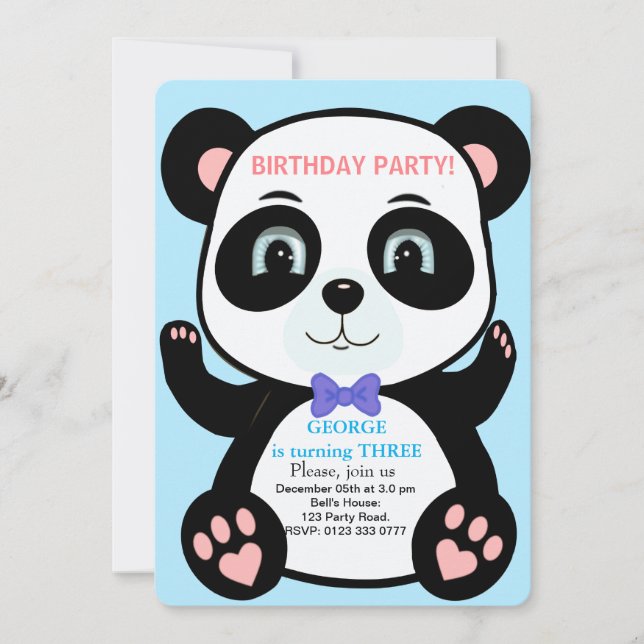 Cute Panda Bear Boys Birthday Invitation (Front)