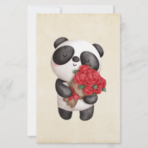 Cute Panda Bear Carrying Bouquet of Roses