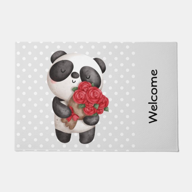 Cute Panda Bear Carrying Bouquet of Roses Doormat (Front)