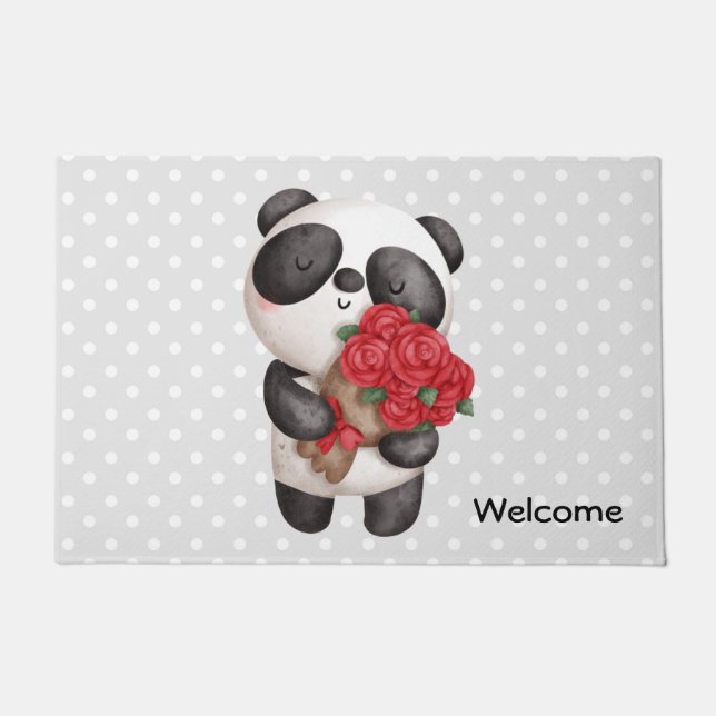 Cute Panda Bear Carrying Bouquet of Roses Welcome Doormat (Front)