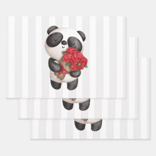 Cute Panda Bear Carrying Bouquet of Roses Wrapping Paper Sheet