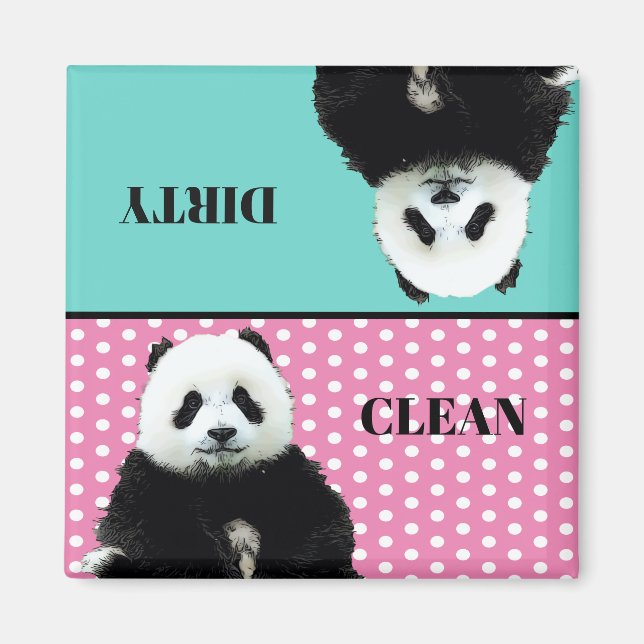 Cute Panda Bear Clean Dirty Blue Pink Dishwasher Magnet (Front)