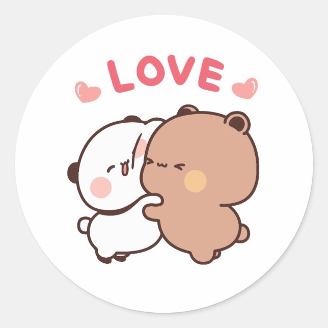 Cute Panda bear couple, bubu and dudu hugs love Classic Round Sticker (Front)