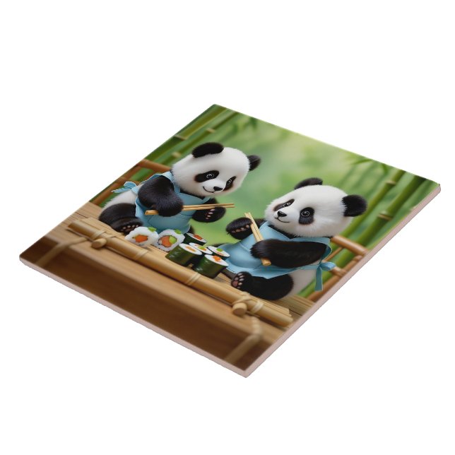 Cute Panda Bear Cubs Preparing Sushi Tile (Side)