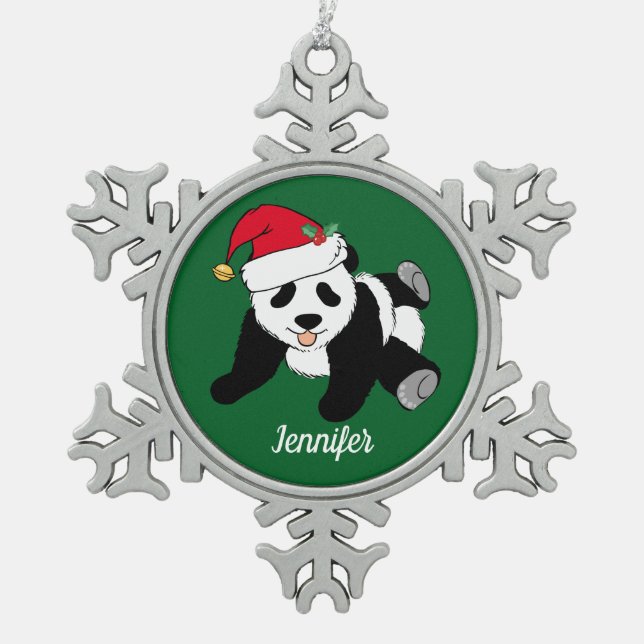 Cute Panda Bear Custom Kids Green Snowflake Pewter Christmas Ornament (Front)
