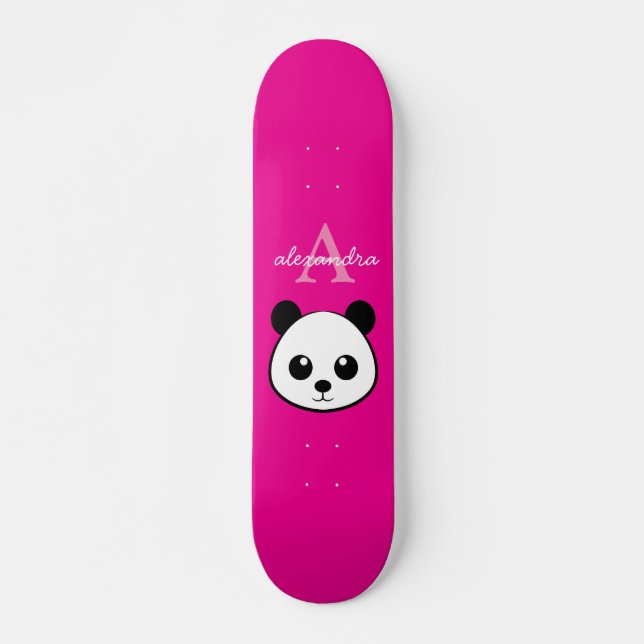 Cute Panda Bear Custom Monogram Pink Background Skateboard (Front)