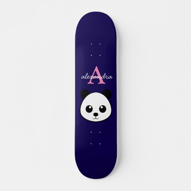 Cute Panda Bear Custom Monogram violet Background Skateboard (Front)