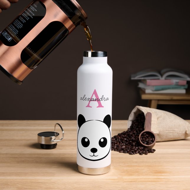 Cute Panda Bear Custom Monogram Water Bottle  (Coffee (Rotated))