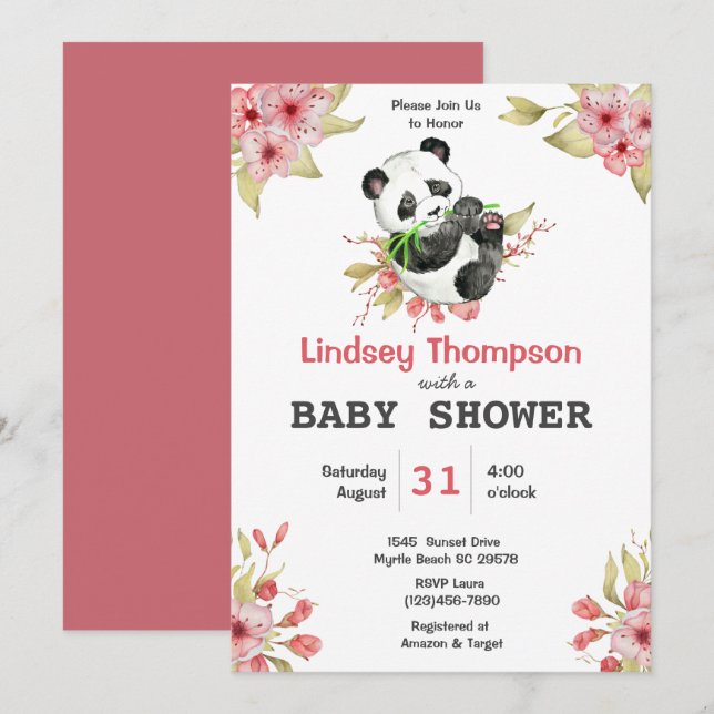 Cute Panda Bear Floral Girls Baby Shower  Invitation (Front/Back)