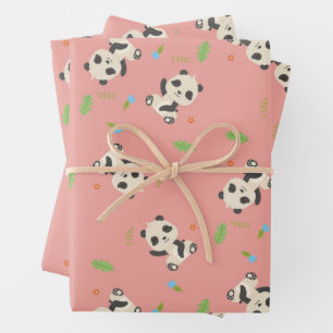 Cute panda bear floral pink pattern wrapping paper sheet