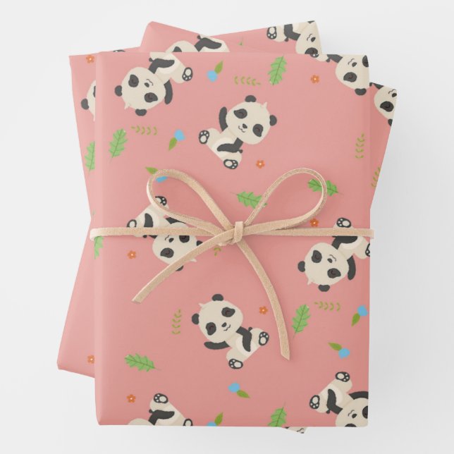 Cute panda bear floral pink pattern wrapping paper sheet (In situ)