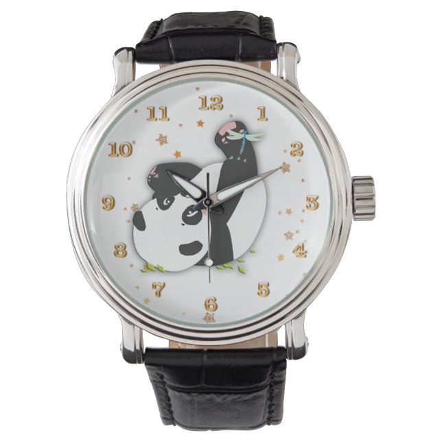 Cute Panda Bear for Animal Lovers Gold Stars Watch (Front)