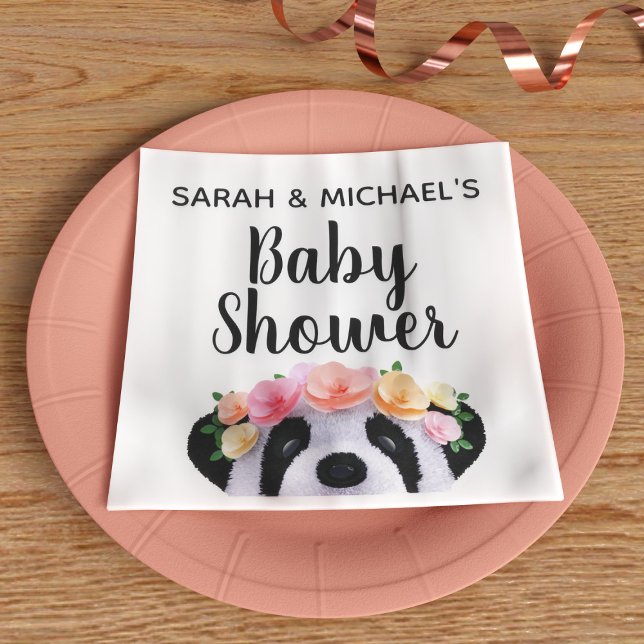 Cute Panda Bear Girl Baby Shower Paper Napkins (Cute panda paper baby shower napkins with space for your names)