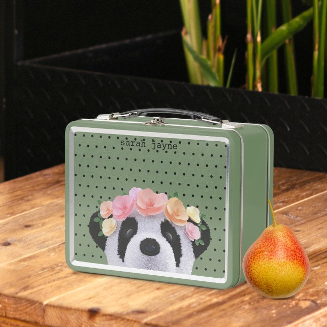 Cute Panda Bear Girl Custom Kids Metal Lunch Box (A cute panda bear with flowers in her hair. Just add your name to this retro metal lunch box)