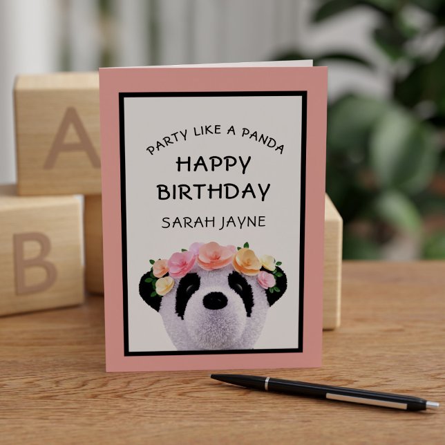 Cute Panda Bear Girl Happy Birthday Greeting Card (Party like a panda! Just add a name and a short message inside)