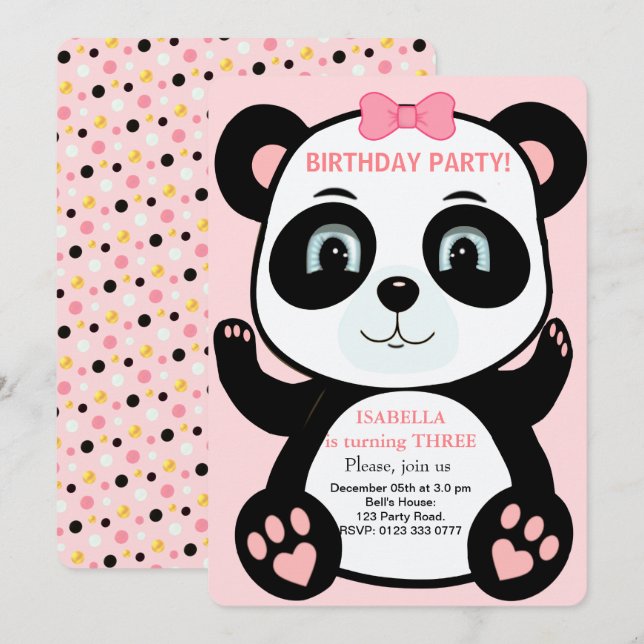 Cute Panda Bear Girls Birthday Invitation (Front/Back)