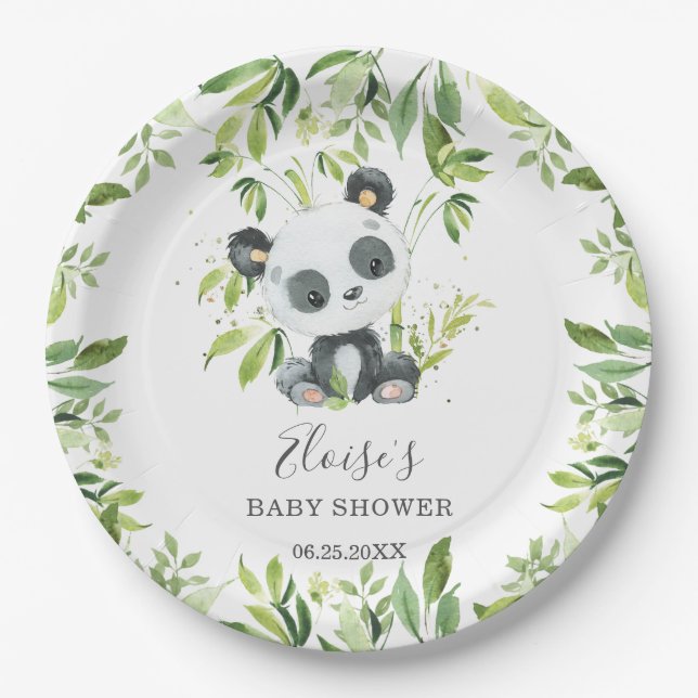 Cute Panda Bear Greenery Baby Shower Birthday Paper Plate (Front)