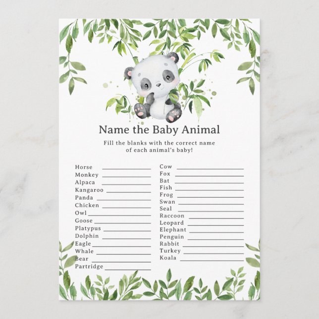 Cute Panda Bear Greenery Name Baby Animal Game Card (Front)