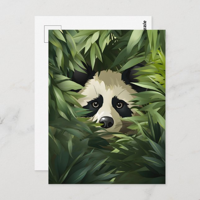 Cute panda bear hiding behind green bamboo leaves postcard (Front/Back)