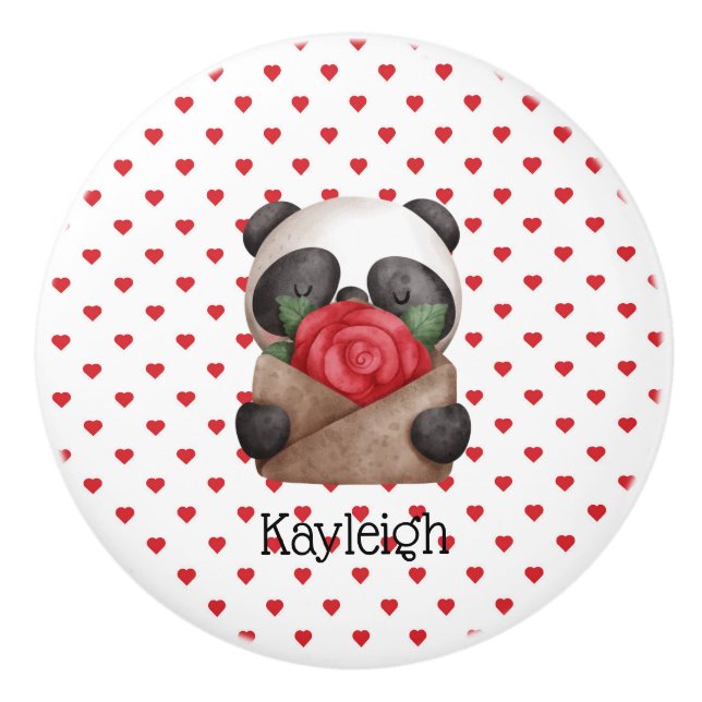 Cute Panda Bear Holding Envelope With A Rose   Ceramic Knob (Front)