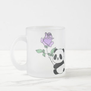 Cute Panda Bear Holding Purple Rose Flower Frosted Glass Coffee Mug