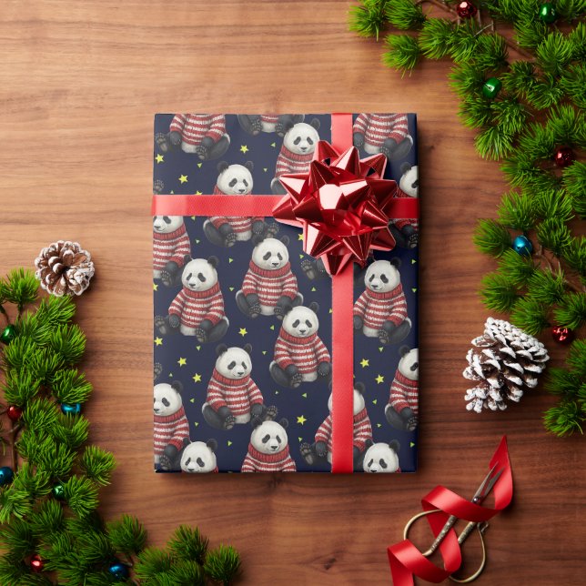Cute Panda Bear in Red Knitted Sweater Pattern Wrapping Paper (Holiday Gift)