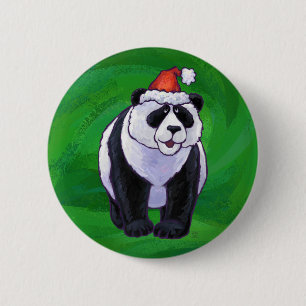 Cute Panda Bear in Santa Hat on Green 6 Cm Round Badge