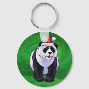 Cute Panda Bear in Santa Hat on Green Key Ring