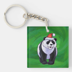 Cute Panda Bear in Santa Hat on Green Key Ring