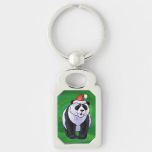 Cute Panda Bear in Santa Hat on Green Key Ring