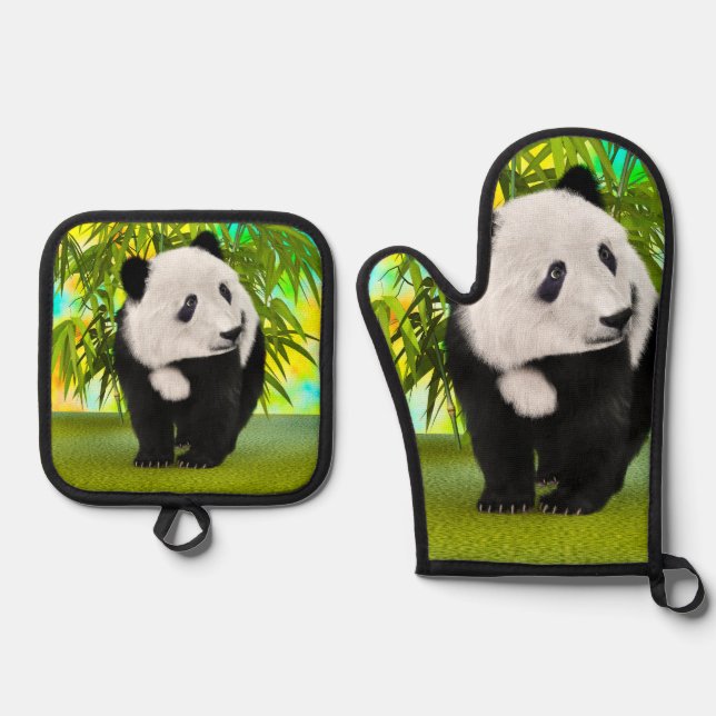 Cute Panda Bear Kawaii Animal Lover Perfect Gift Oven Mitt & Pot Holder Set (Front)