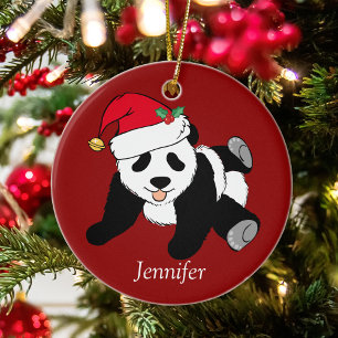Cute Panda Bear Kids Monogram Red Christmas Ceramic Tree Decoration